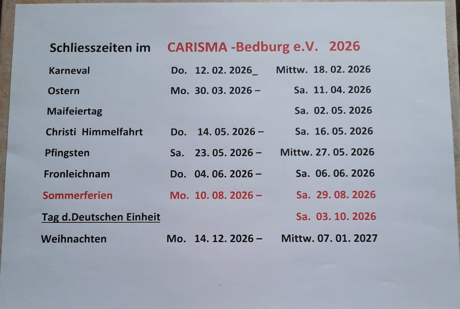 Schließzeiten Carisma Bedburg